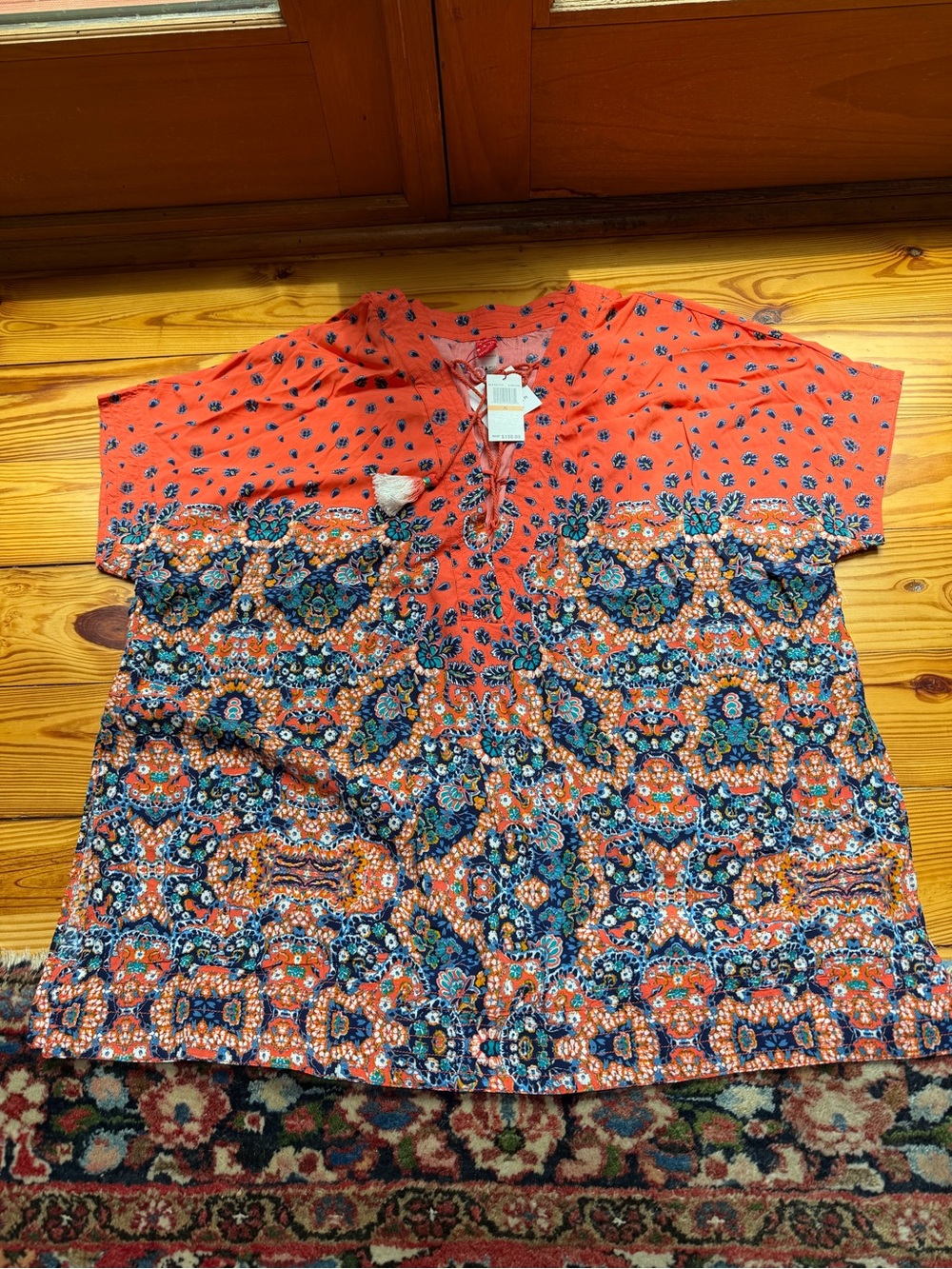 Red Carter Coral & Navy Floral Boho Printed Tie Mini Dress, Tunic, or Cover up - Picture 3 of 5